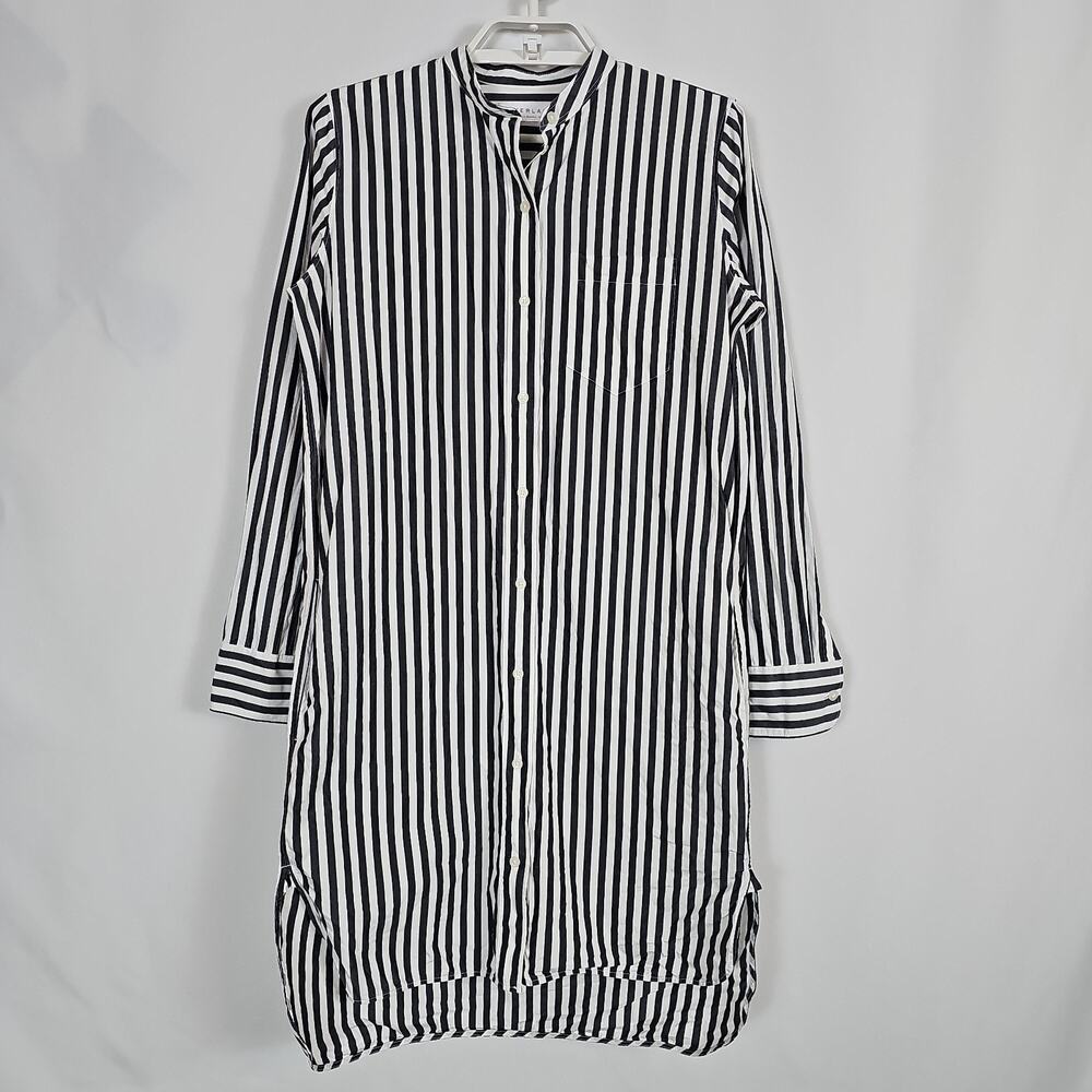 Everlane Striped Collarless Shirt Dress Sz 0 Black White Cotton Buttons Pockets